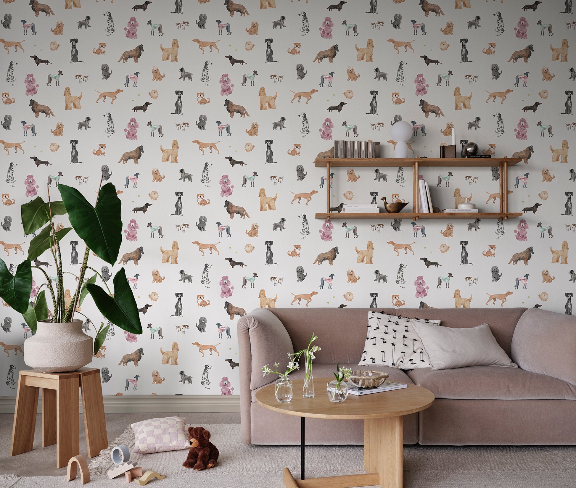 Dive into the world of friendly canines with our Taiga and Friends wallpaper. This playful design showcases a delightful array of hand-painted dogs, each with their unique charm and personality, set against a crisp white background. 