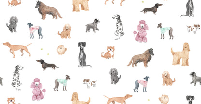 Dive into the world of friendly canines with our Taiga and Friends wallpaper. This playful design showcases a delightful array of hand-painted dogs, each with their unique charm and personality, set against a crisp white background. 
