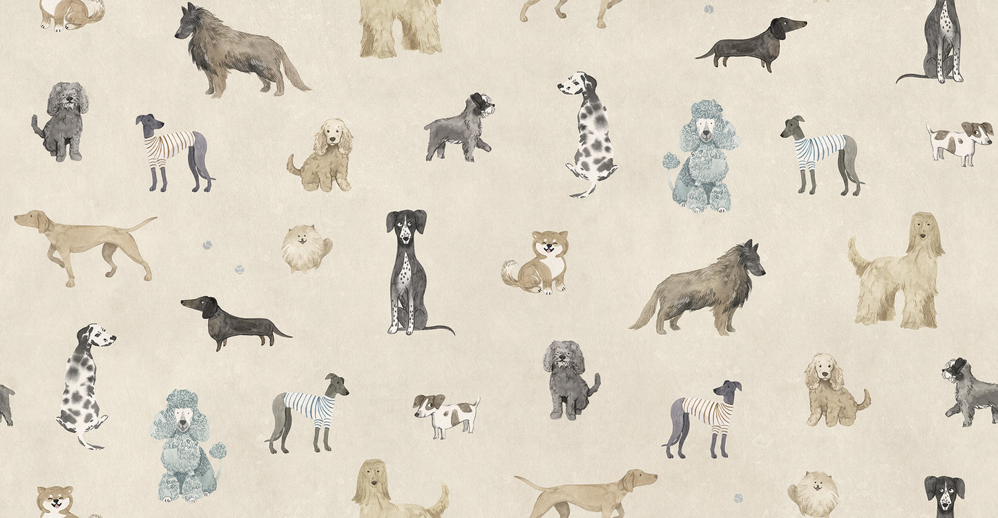 Dive into the world of friendly canines with our Taiga and Friends wallpaper. This playful design showcases a delightful array of hand-painted dogs, each with their unique charm and personality, set against a beige background. 