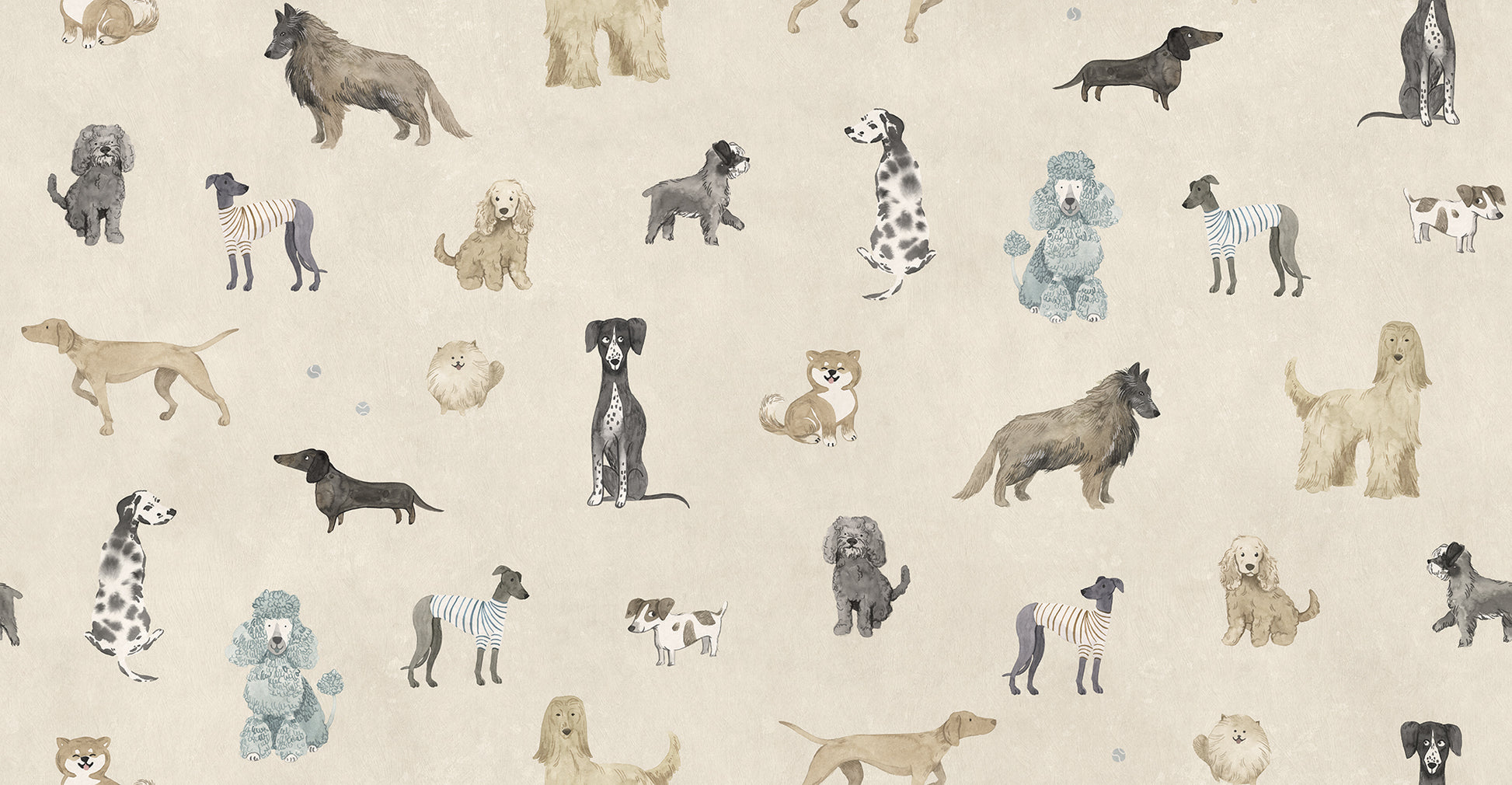 Dive into the world of friendly canines with our Taiga and Friends wallpaper. This playful design showcases a delightful array of hand-painted dogs, each with their unique charm and personality, set against a beige background. 