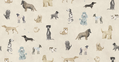 Dive into the world of friendly canines with our Taiga and Friends wallpaper. This playful design showcases a delightful array of hand-painted dogs, each with their unique charm and personality, set against a beige background. 