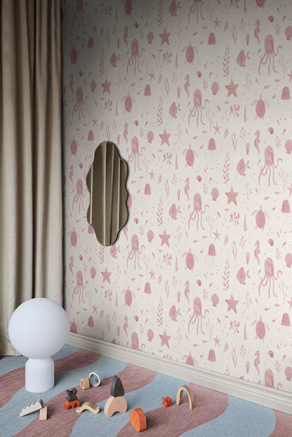 This wallpaper is featuring cute jellyfish, seahorses, turtles, and more, each creature is captured in soothing pink tones that fascinate both young and old. Perfect for sparking imagination and encouraging play in any room!