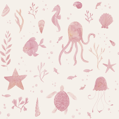 This wallpaper is featuring cute jellyfish, seahorses, turtles, and more, each creature is captured in soothing pink tones that fascinate both young and old. Perfect for sparking imagination and encouraging play in any room!