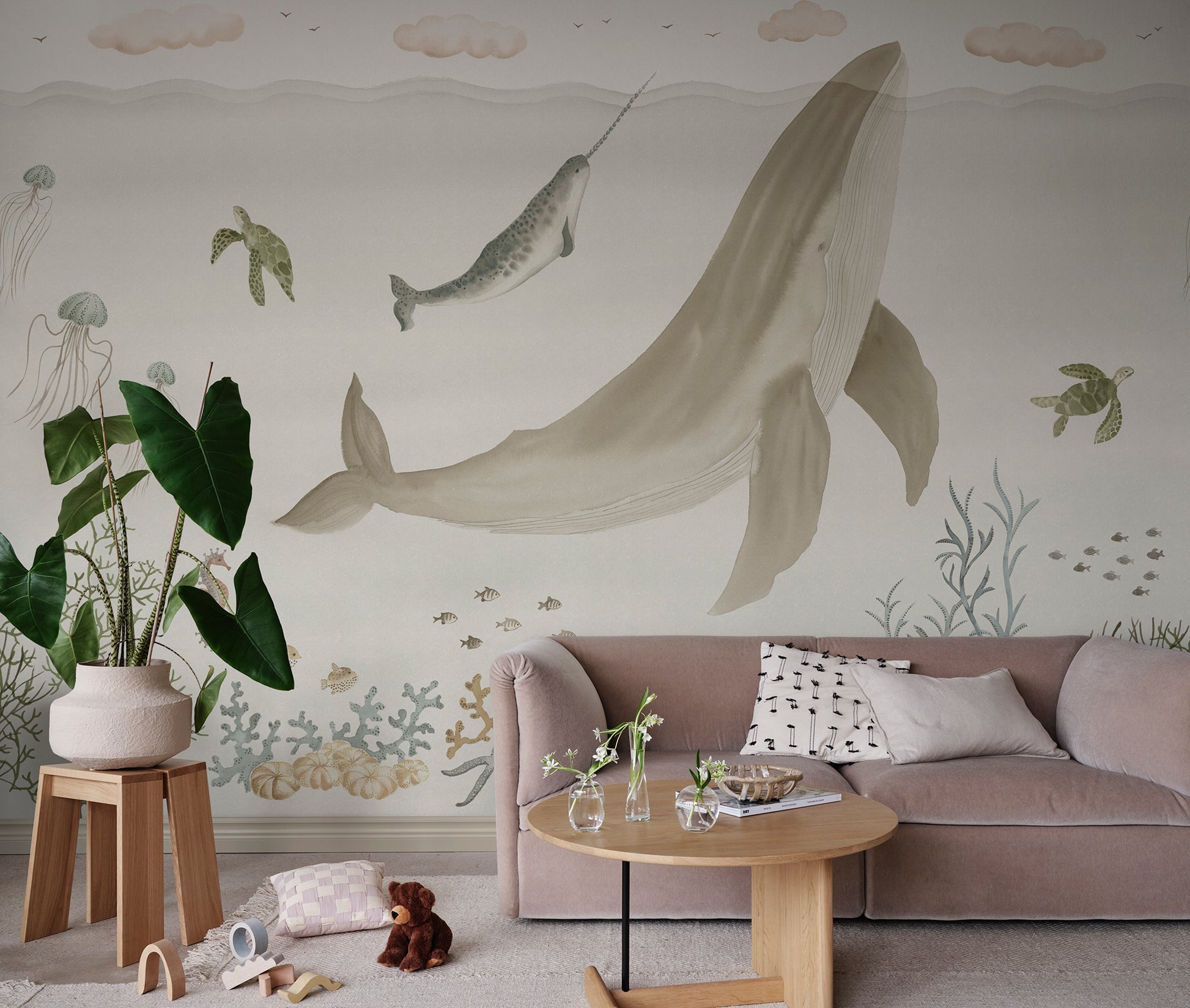 Explore the enchanting underwater realm of 'Sally,' alive with whales, jellyfish, and sea turtles in soft beige tones. T