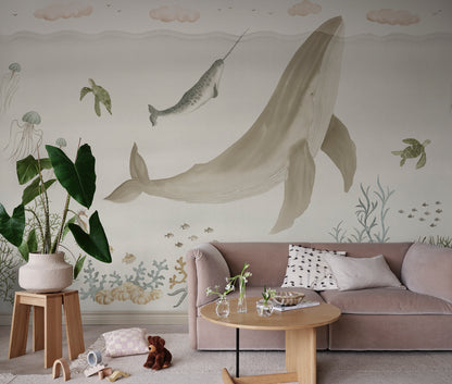 Explore the enchanting underwater realm of 'Sally,' alive with whales, jellyfish, and sea turtles in soft beige tones. T