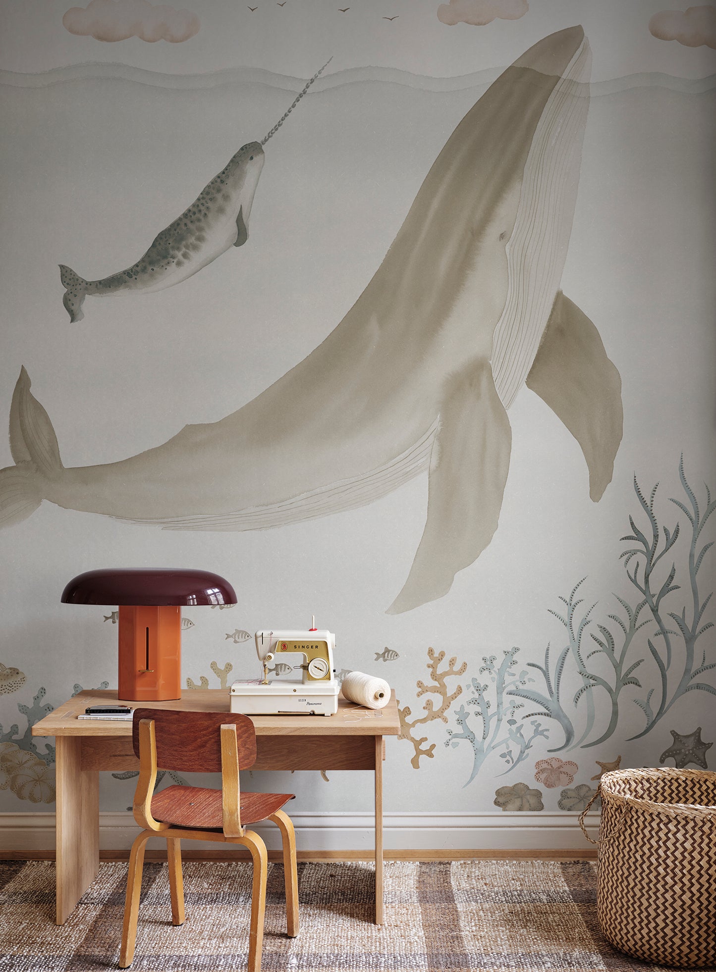 Explore the enchanting underwater realm of 'Sally,' alive with whales, jellyfish, and sea turtles in soft beige tones. T