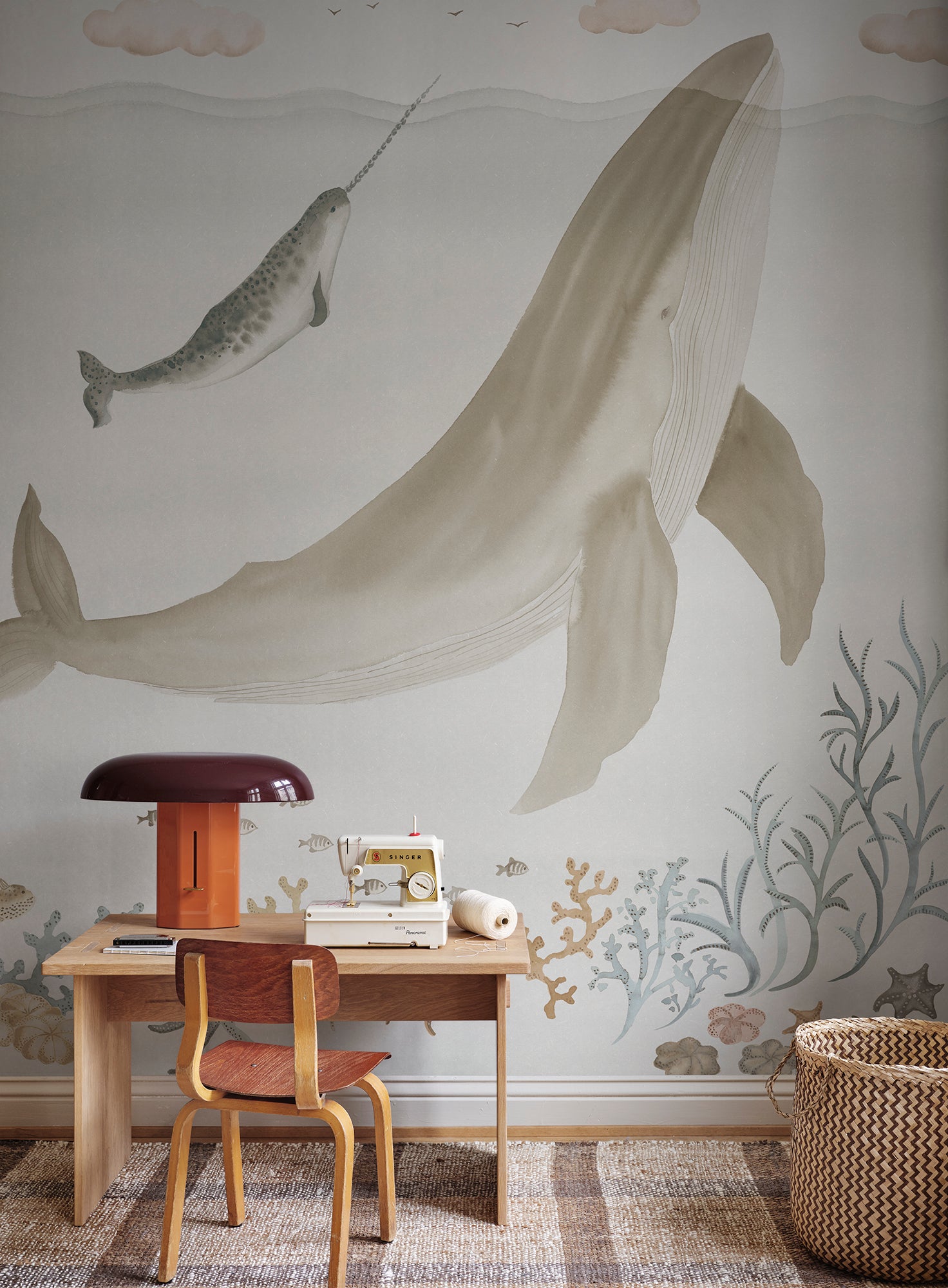 Explore the enchanting underwater realm of 'Sally,' alive with whales, jellyfish, and sea turtles in soft beige tones. T