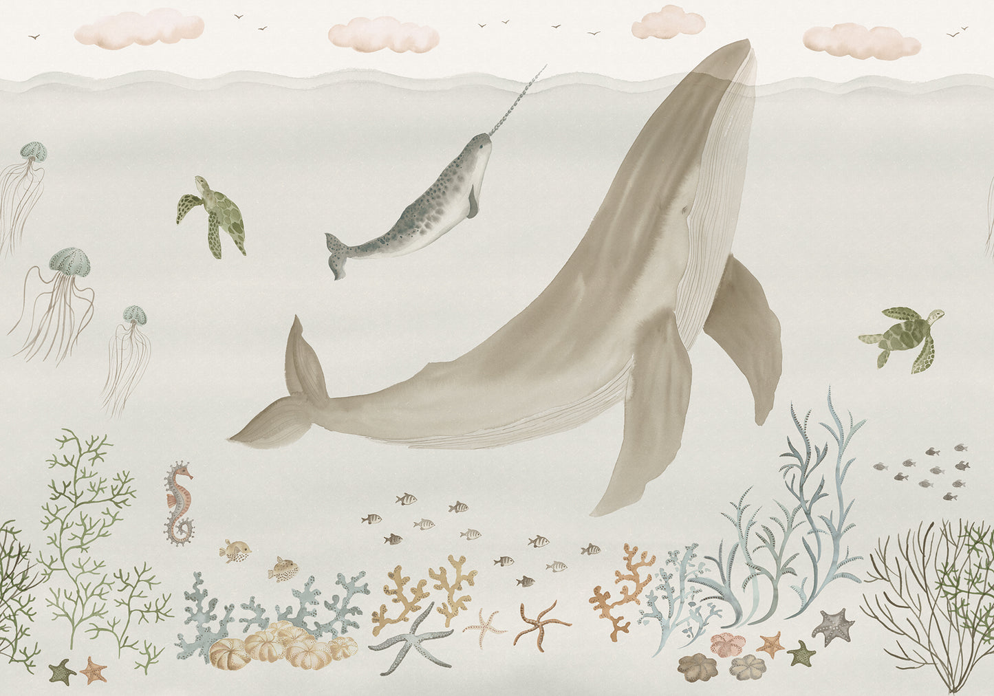 Explore the enchanting underwater realm of 'Sally,' alive with whales, jellyfish, and sea turtles in soft beige tones. T