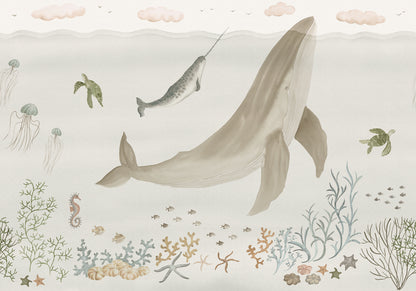 Explore the enchanting underwater realm of 'Sally,' alive with whales, jellyfish, and sea turtles in soft beige tones. T