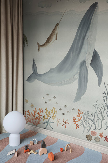 An underwater world in flowing watercolor, featuring the whale and his friends in the vast ocean. A grand yet gentle design that sparks play and wonder.