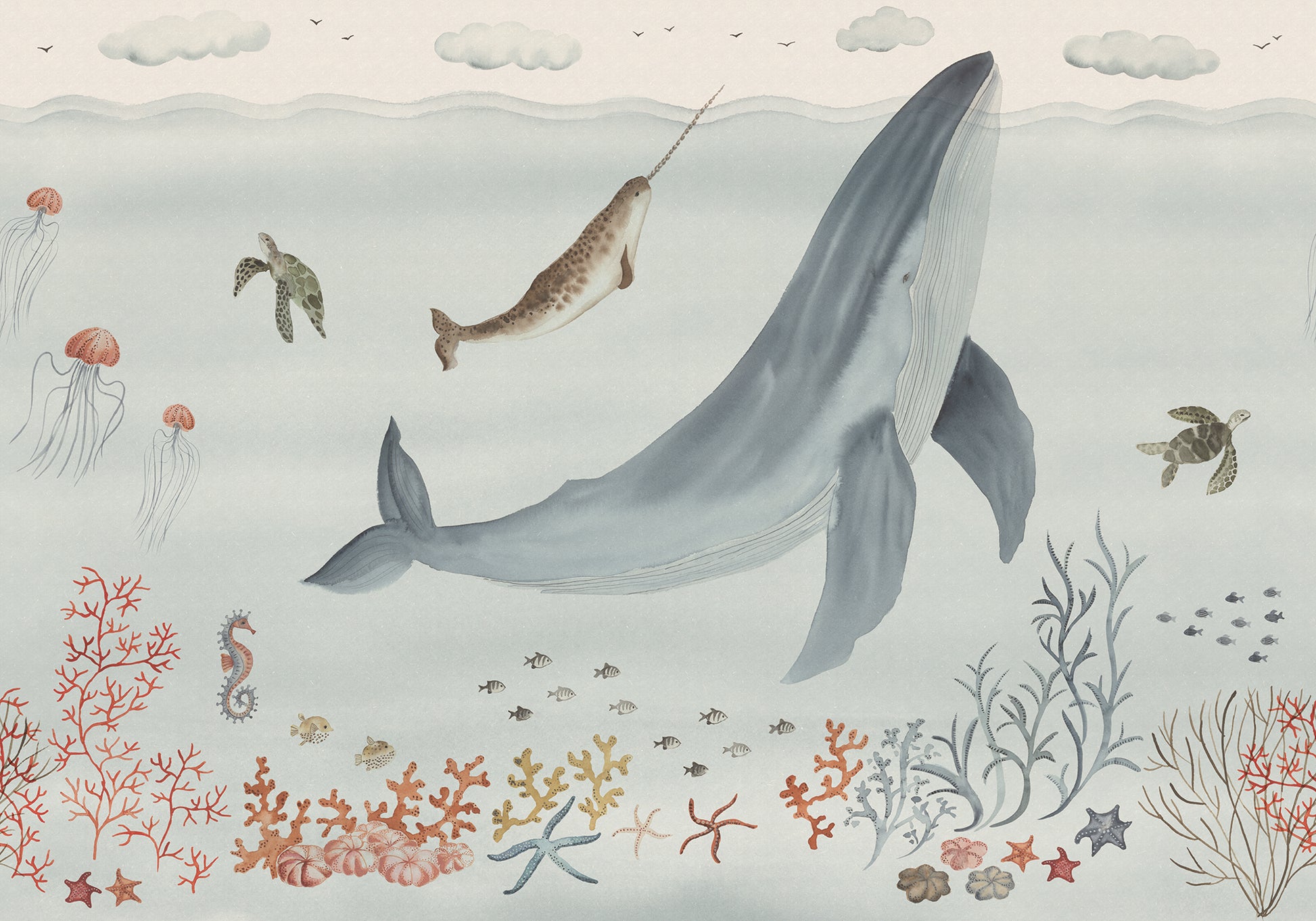 An underwater world in flowing watercolor, featuring the whale and his friends in the vast ocean. A grand yet gentle design that sparks play and wonder.
