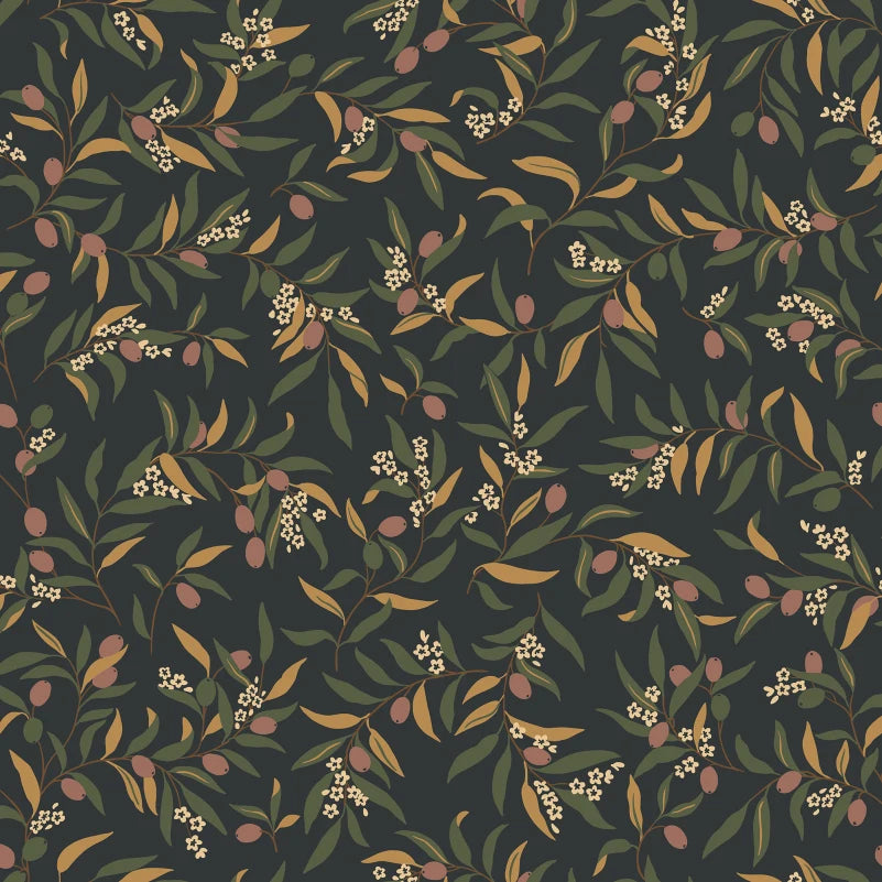 Olivia in Charcoal brings a Mediterranean flair to your walls with its winding olive branches and lively leaves. 