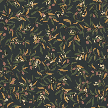  Olivia in Charcoal brings a Mediterranean flair to your walls with its winding olive branches and lively leaves. 