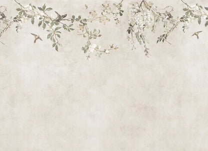 Transform your space with the Nico mural. This design evokes a serene Mediterranean pergola, featuring delicate blooming vines and small birds against a soft, lime-washed backdrop. 