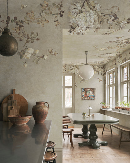 This Nico wallpaper effortlessly transforms any space into a serene haven. Delicately illustrated vines and soft, trailing blossoms create a sense of timeless beauty, evoking images of a sun-drenched pergola. 