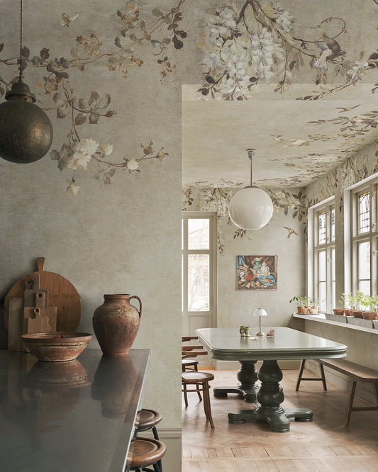 This Nico wallpaper effortlessly transforms any space into a serene haven. Delicately illustrated vines and soft, trailing blossoms create a sense of timeless beauty, evoking images of a sun-drenched pergola. 