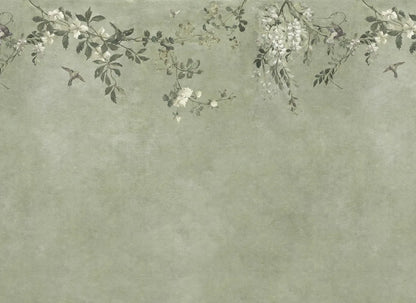 Embrace tranquil elegance with Nico's sage green backdrop, where delicate blooms and whimsical birds unite. This mural captures the enchanting charm of a classic Southern European pergola, creating a serene sanctuary with its exquisite floral details.