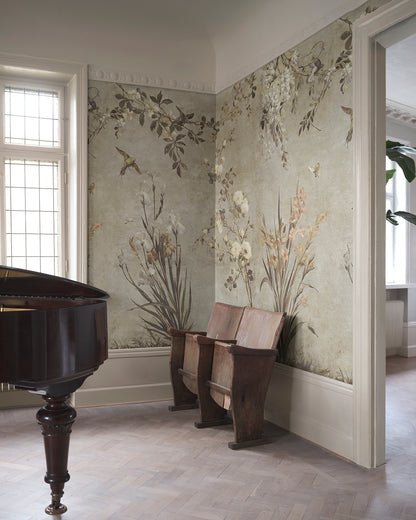 Nicola Beige mural blends antique romance with a painterly touch. Birds, flowers, and a soft patina enrich your space with historical elegance, making it an alluring centerpiece.