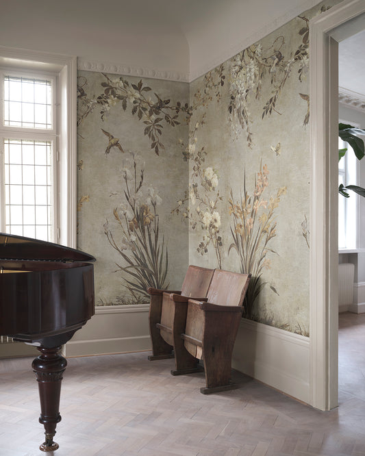 Nicola Beige mural blends antique romance with a painterly touch. Birds, flowers, and a soft patina enrich your space with historical elegance, making it an alluring centerpiece.