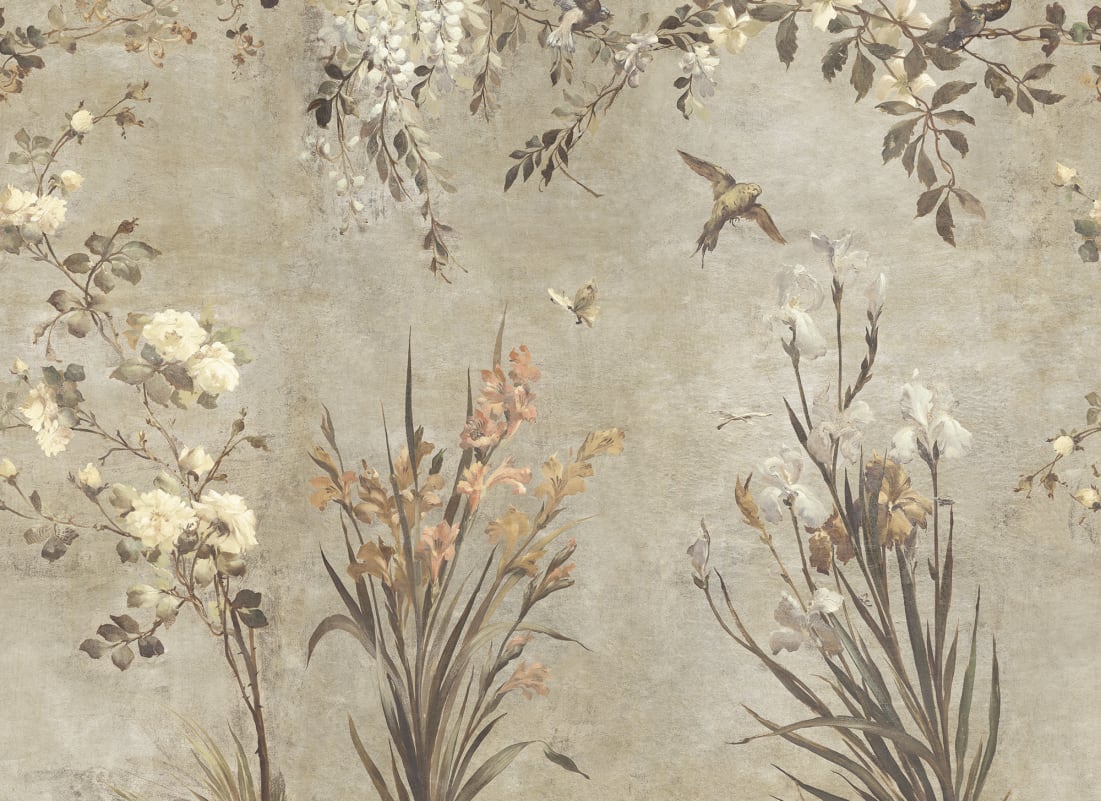 Nicola Beige mural blends antique romance with a painterly touch. Birds, flowers, and a soft patina enrich your space with historical elegance, making it an alluring centerpiece.
