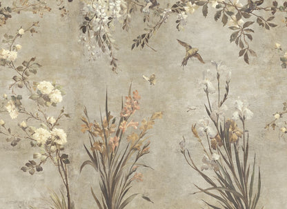 Nicola Beige mural blends antique romance with a painterly touch. Birds, flowers, and a soft patina enrich your space with historical elegance, making it an alluring centerpiece.