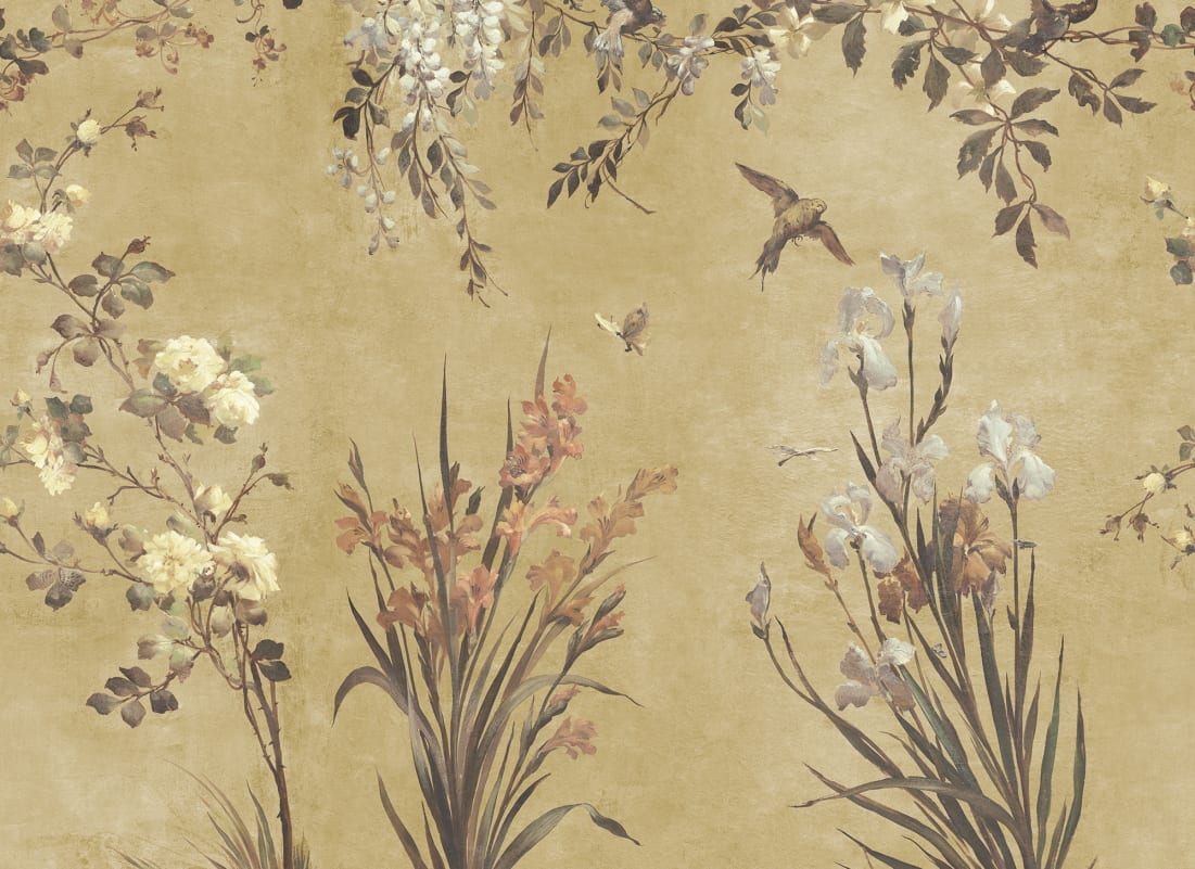 Dive into an antique European garden with the Nicola wallpaper—featuring hand-painted birds and graceful flowers on a patina backdrop.