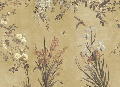 Dive into an antique European garden with the Nicola wallpaper—featuring hand-painted birds and graceful flowers on a patina backdrop.