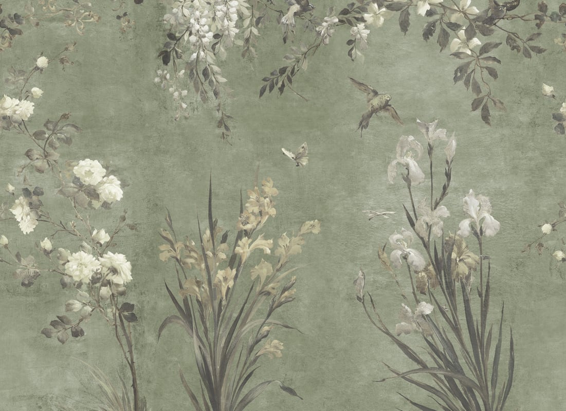 Adorn your walls with the Nicola mural, where antique charm meets nature's embrace. Graceful flowers and whimsical birds gently unfurl against a serene sage green backdrop, creating a romantic, hand-painted elegance.