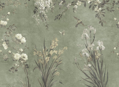 Adorn your walls with the Nicola mural, where antique charm meets nature's embrace. Graceful flowers and whimsical birds gently unfurl against a serene sage green backdrop, creating a romantic, hand-painted elegance.