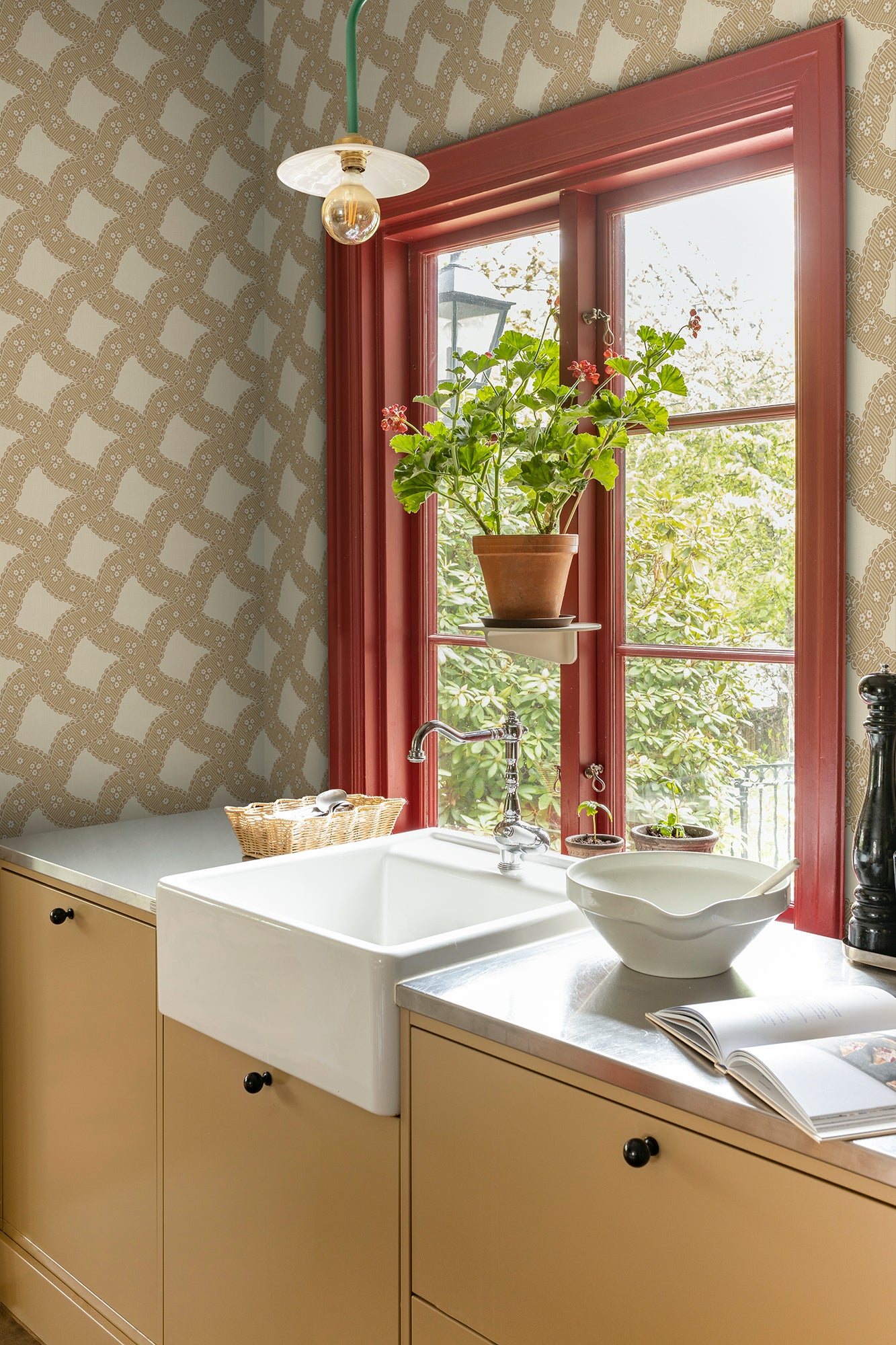 Annie, Honey is a delightful fusion of 18th-century French elegance and Sandberg's modern touch. The wallpaper pattern weaves floral medallions and soft stripes into a warm, honey-toned embrace, perfect for adding a sweet statement to your living space.