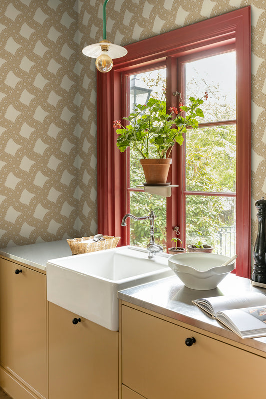 Annie, Honey is a delightful fusion of 18th-century French elegance and Sandberg's modern touch. The wallpaper pattern weaves floral medallions and soft stripes into a warm, honey-toned embrace, perfect for adding a sweet statement to your living space.