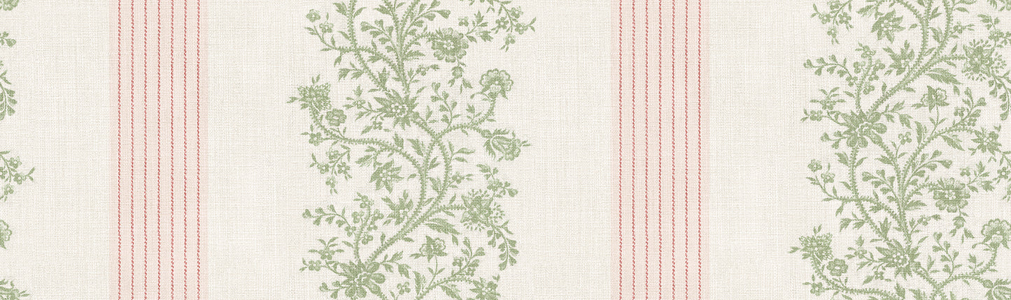 Embrace the romance of a classic stripe with Natalie Pink. This pattern intertwines delicate floral garlands with elegant woven stripes, revitalizing 19th-century French elegance in a modern palette