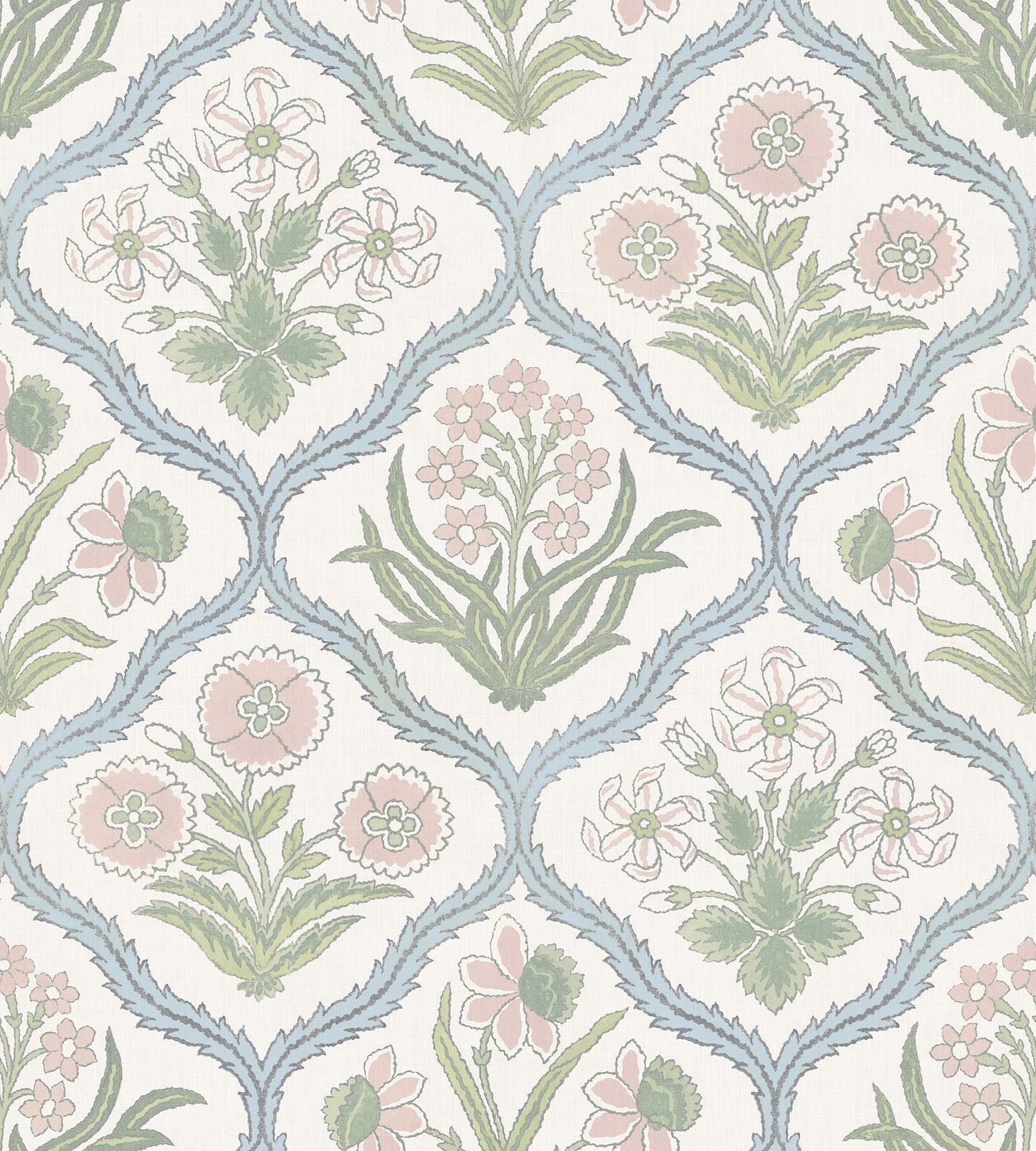Evoke timeless elegance with Rosa in pastel shades. This wallpaper reimagines a 19th-century French floral medallion, perfect for classic or contemporary spaces.