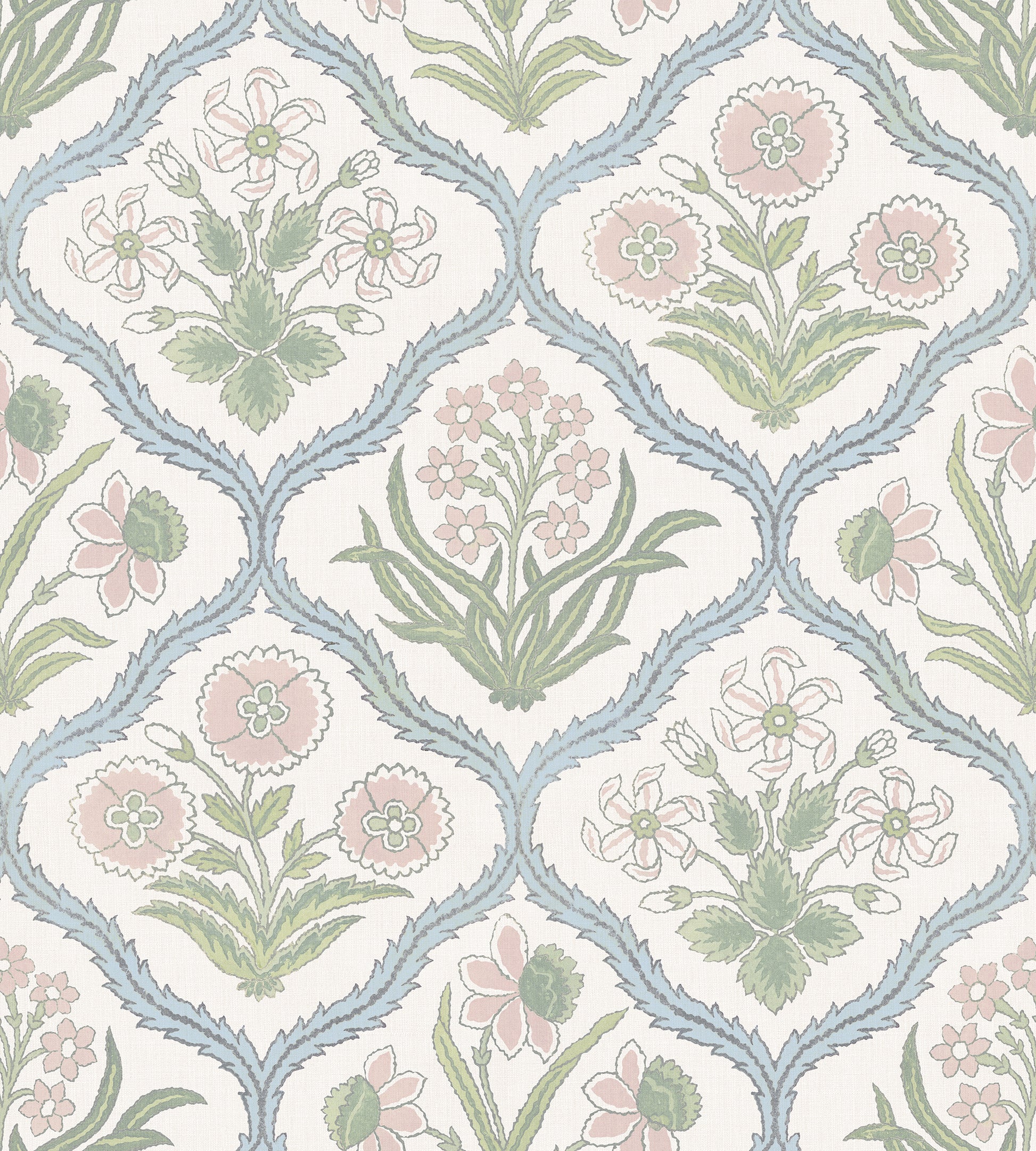 Evoke timeless elegance with Rosa in pastel shades. This wallpaper reimagines a 19th-century French floral medallion, perfect for classic or contemporary spaces.