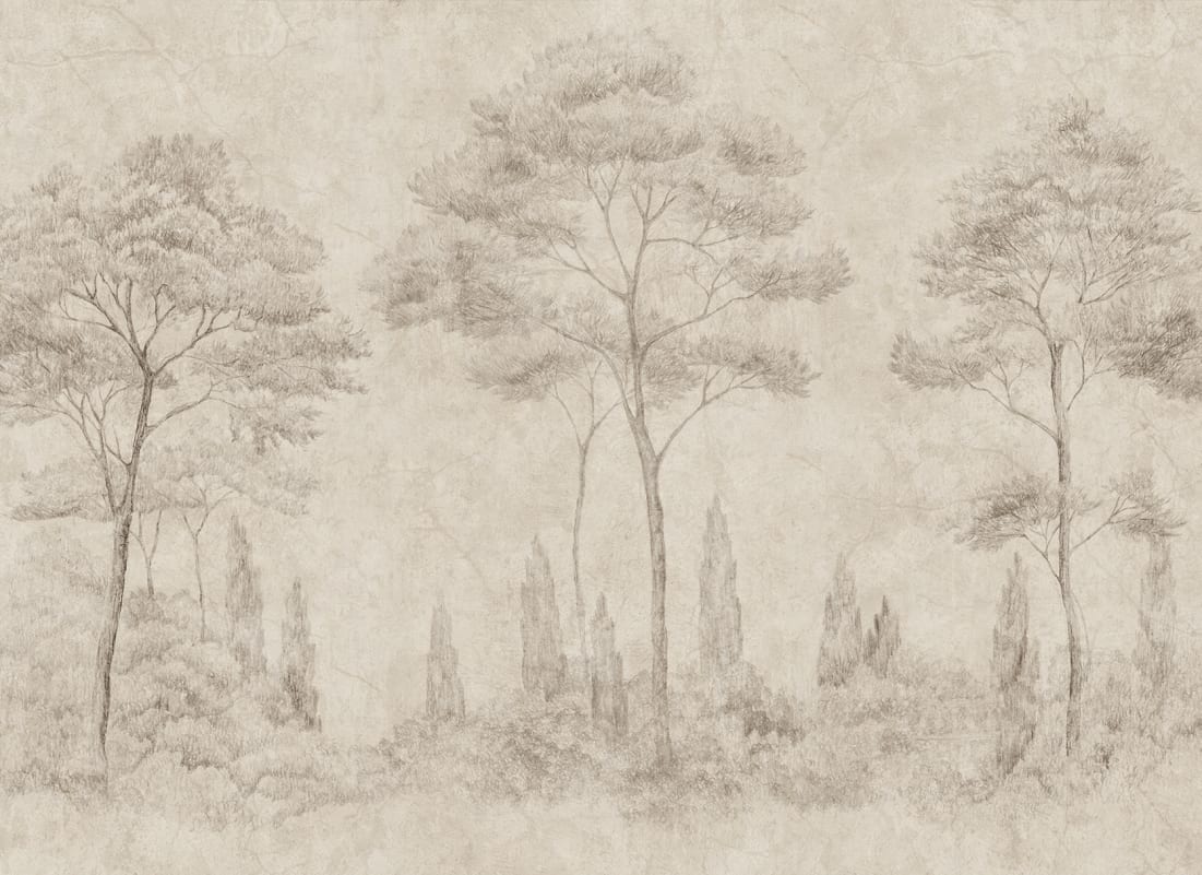 Andrea brings the serene beauty of Italian gardens indoors with its detailed pencil work depicting conifers and cypresses. This mural offers a refined, historical style that adds height and sophistication to any space, making it perfect for those who appreciate classic artistry.
