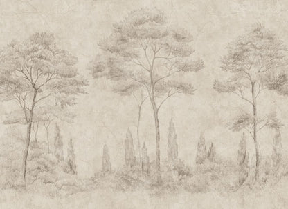 Andrea brings the serene beauty of Italian gardens indoors with its detailed pencil work depicting conifers and cypresses. This mural offers a refined, historical style that adds height and sophistication to any space, making it perfect for those who appreciate classic artistry.
