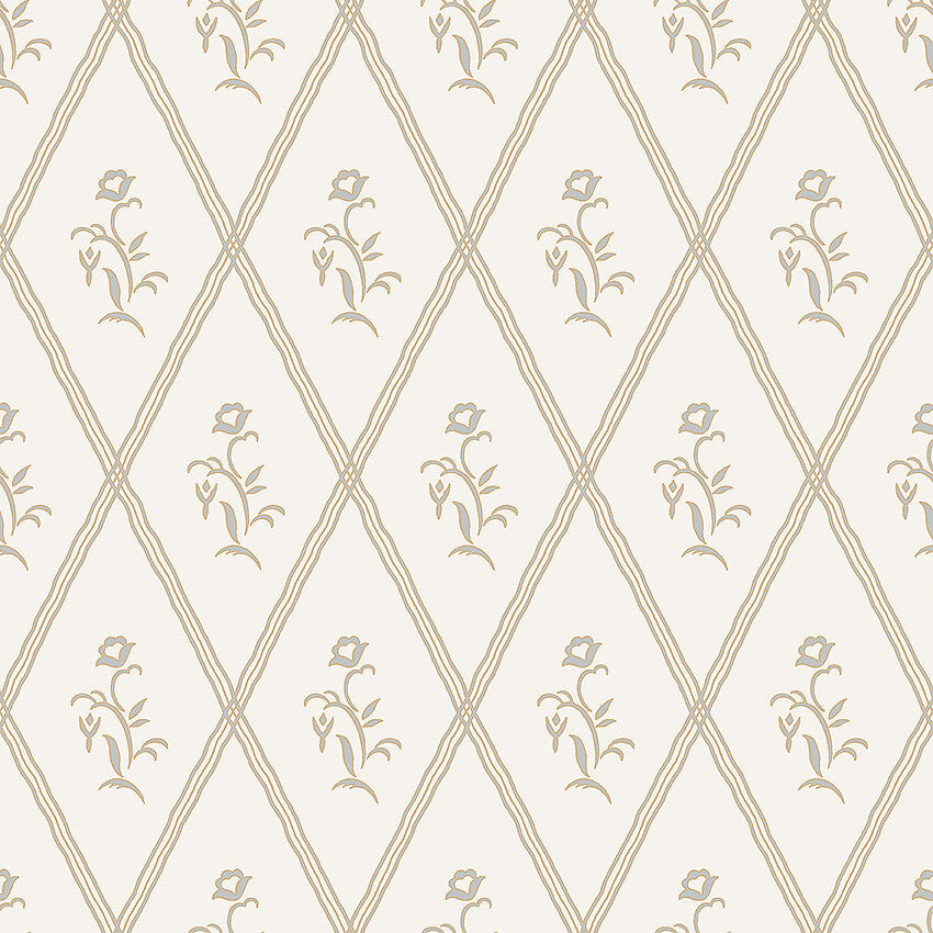Featuring muted light blue flowers on a golden eggshell colored background, our Signe wallpaper in a collagraph print is timeless and elegant in its simplicity. 