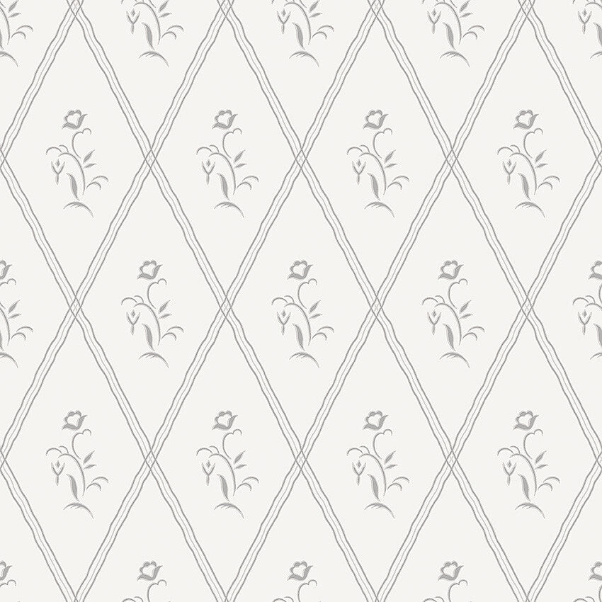Classic and beautiful, our Signe wallpaper is colored in gray detailing on a white background.