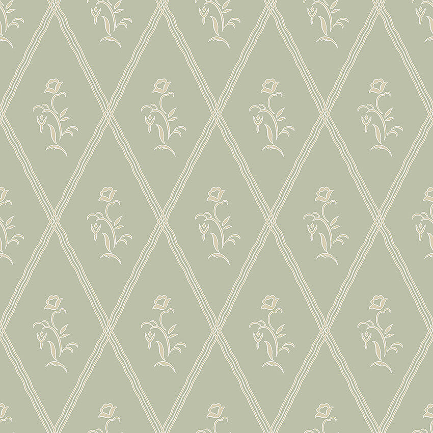 Soothing and tranquil, our Signe wallpaper is set on a linden green background with yellow-green detailing.