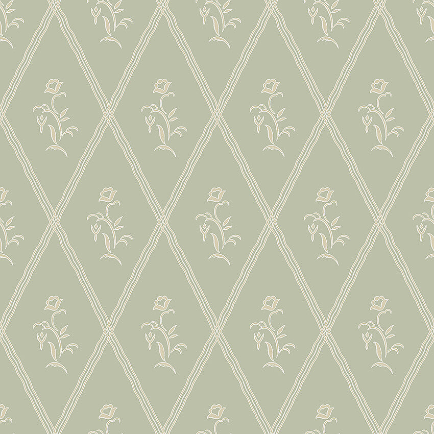 Soothing and tranquil, our Signe wallpaper is set on a linden green background with yellow-green detailing.