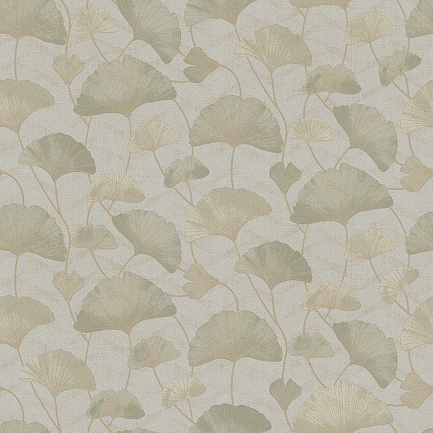 Colored in a cool green and beige palette with a golden shimmer effect, our Sophia wallpaper imbues rooms with soothing vibes. 