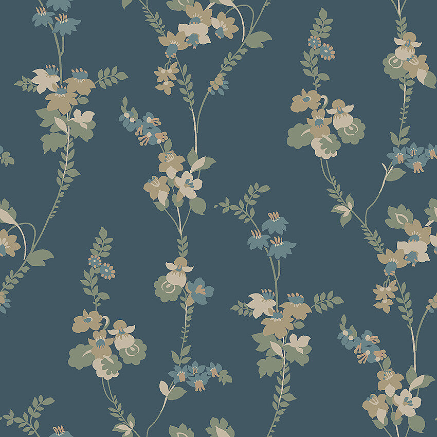 Transform your space with our Vera wallpaper on a dark blue background and yellow-beige and lime-green detailing. 