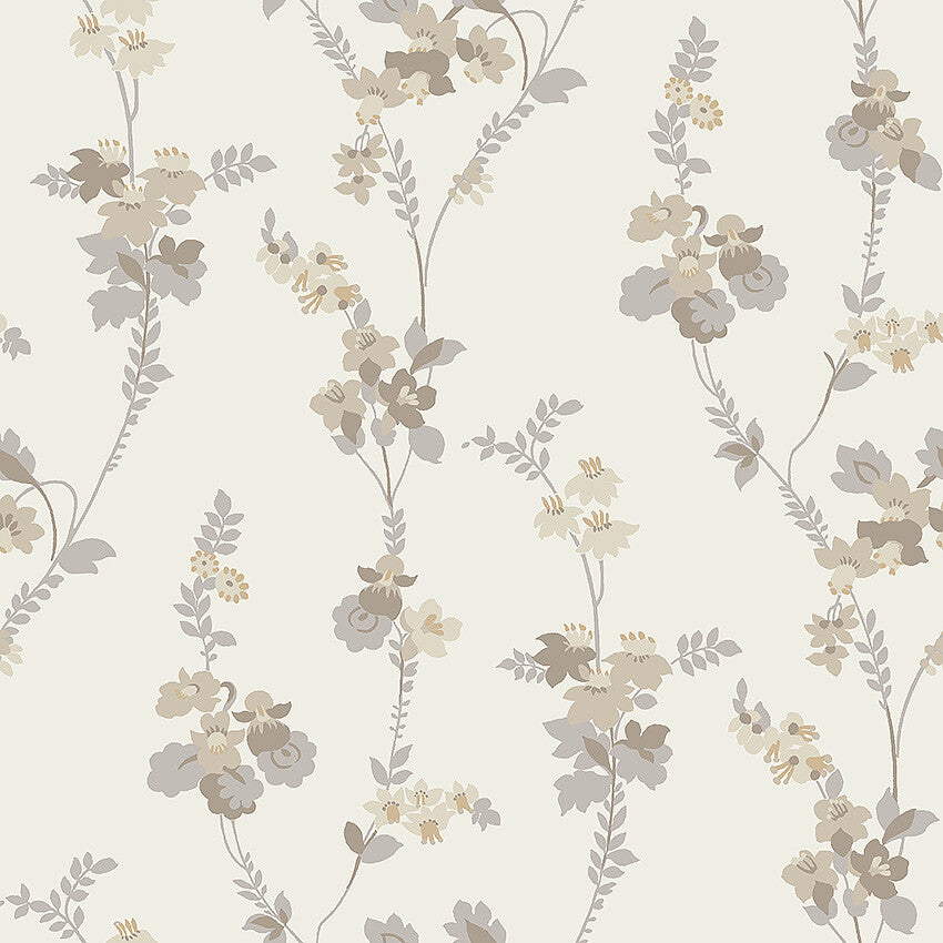 Colored in a muted scheme of grey and beige tones with hints of shimmering gold on an eggshell background, our Vera wallpaper is brimming with understated elegance.