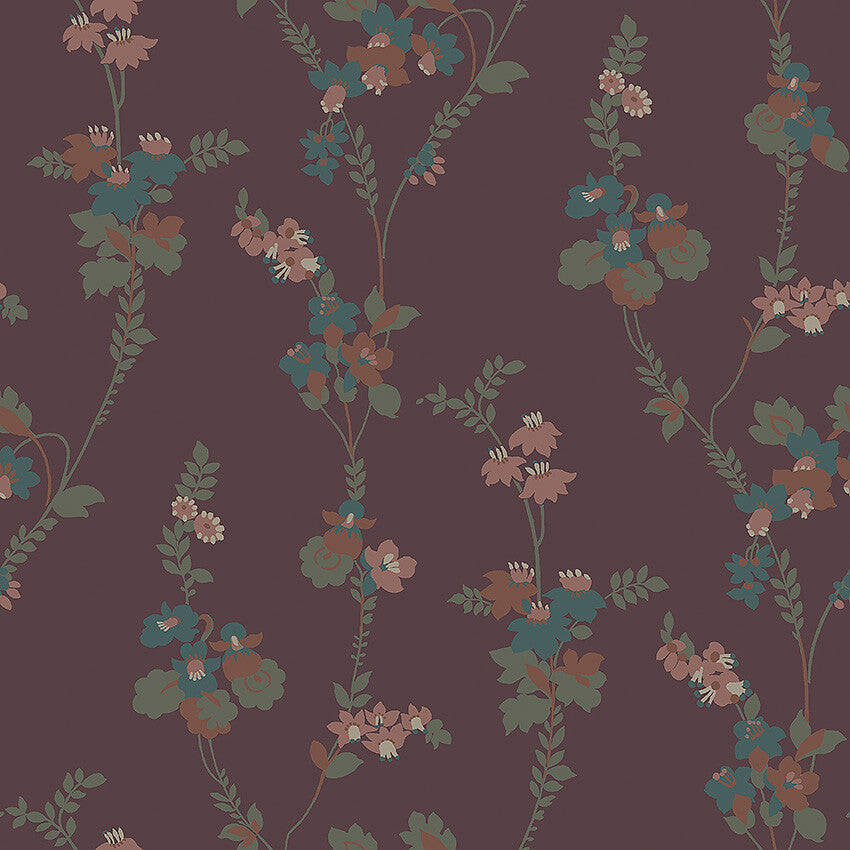 Set on a deep burgundy background with rusty red, pink, olive green and turquoise detailing, our Vera wallpaper is rich and indulgent.