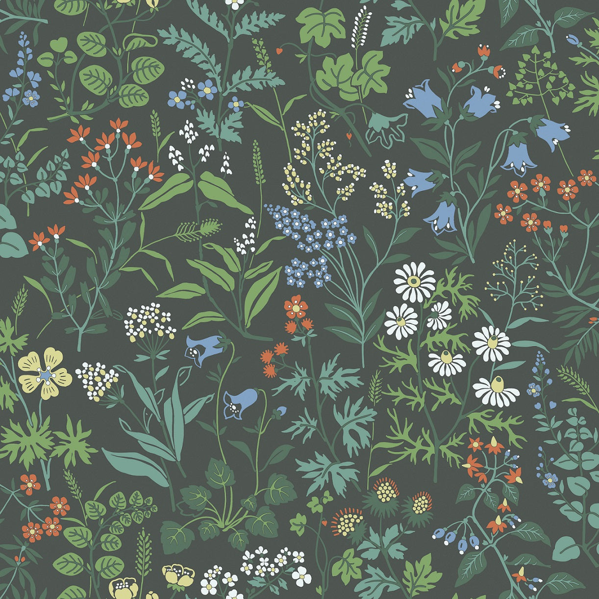 Colored in rich hues of blue, green, red, white and yellow on a dramatic midnight blue backdrop, our Flora wallpaper takes you out into the delights of a spring meadow at night.