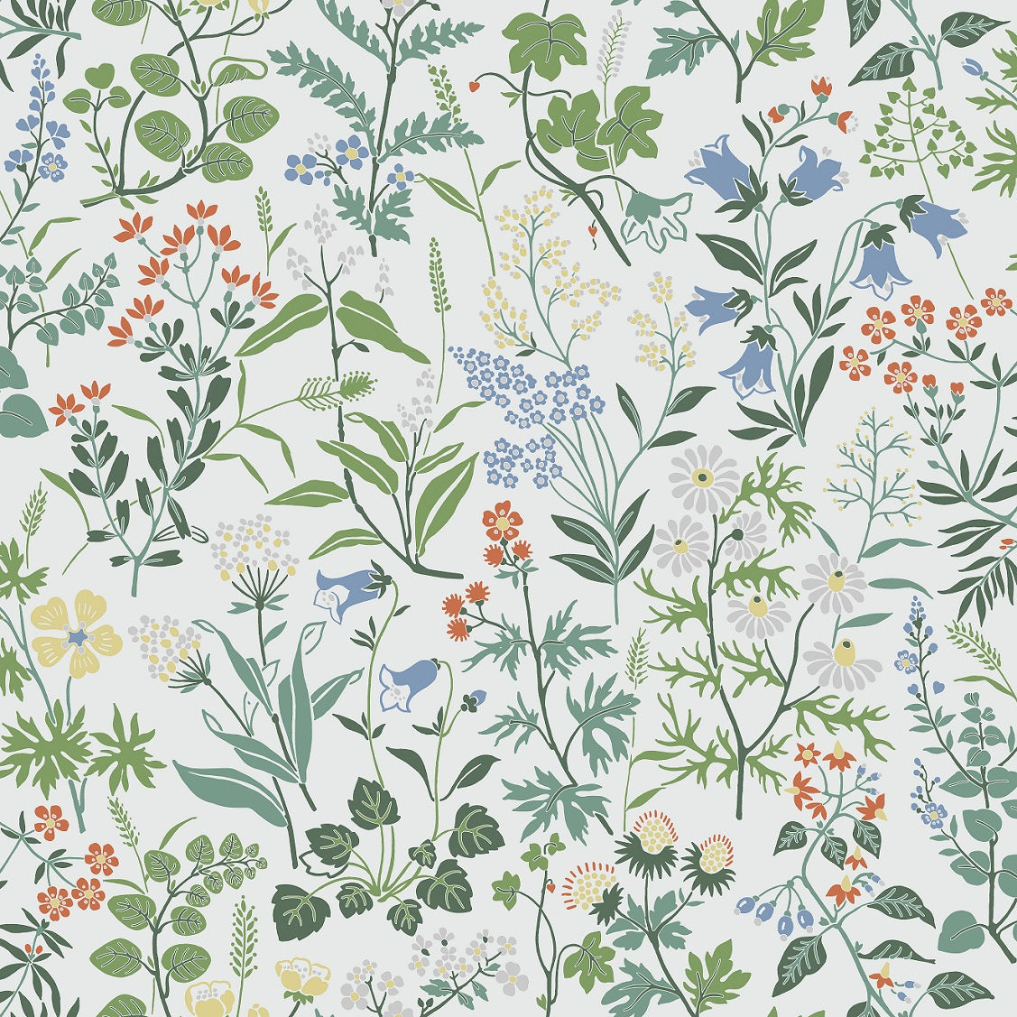 Colored in a bright and playful palette of green, red, yellow, white and blue on a fresh white backdrop, our Flora wallpaper brings the delights of spring to your home all year round.