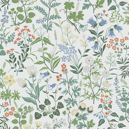 Colored in a bright and playful palette of green, red, yellow, white and blue on a fresh white backdrop, our Flora wallpaper brings the delights of spring to your home all year round.