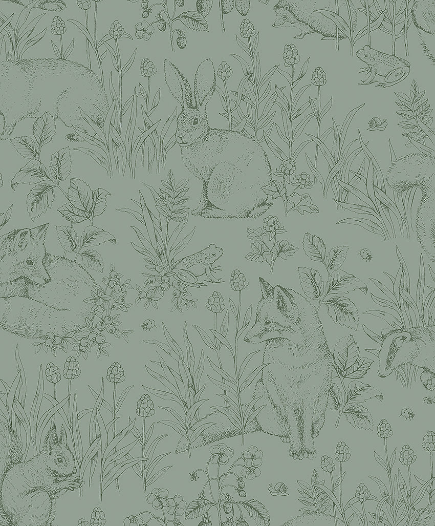 Colored in a gorgeous palette of contrasting greens, our Forest Friends wallpaper features a series of intricate illustrations.
