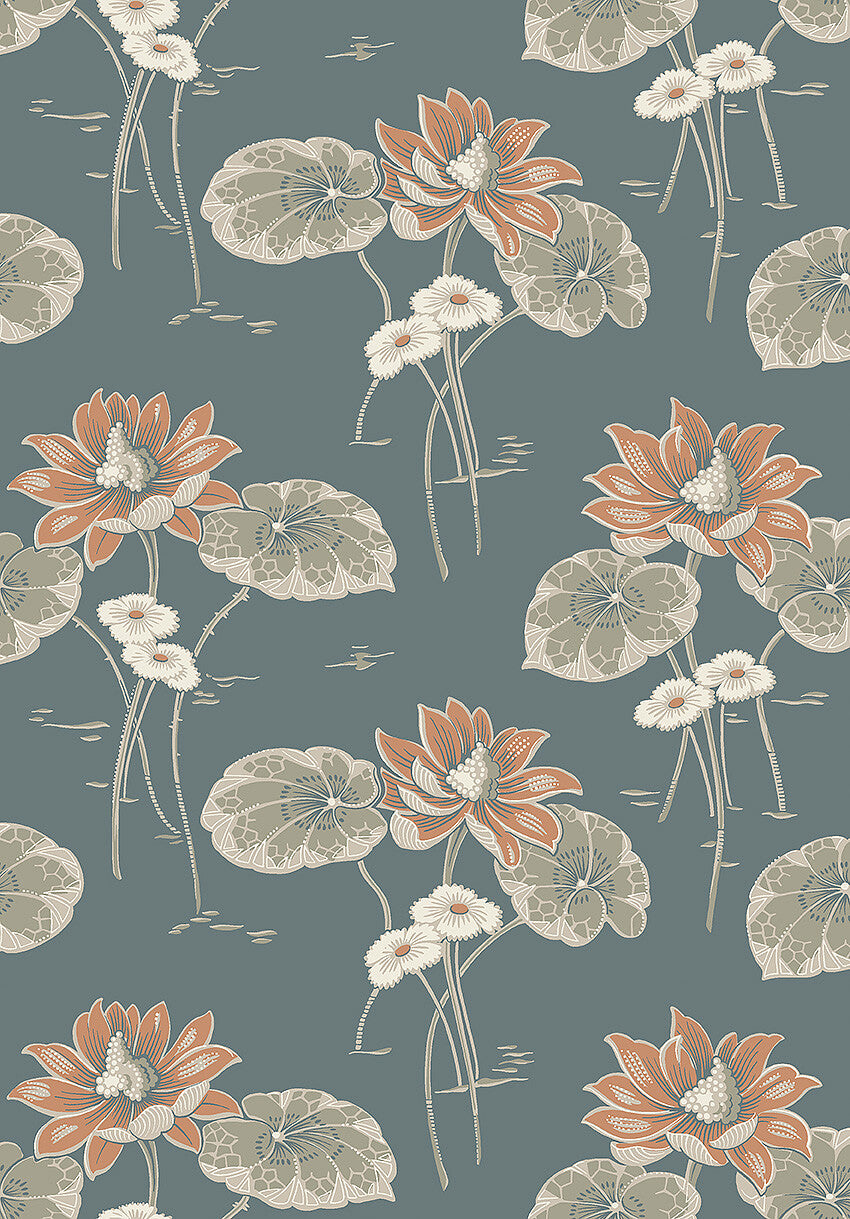 Colored in a sophisticated palette of steel blue, rusty brown and grey tones, our Haga wallpaper is inspired by the youthful designs of the early 20th century.