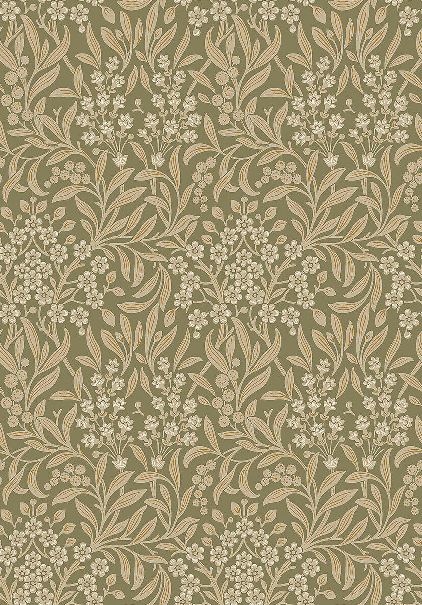  Colored in earthy tones of green and light beige-brown, our Kryddhyllan wallpaper is rustic yet ornamental in style. 
